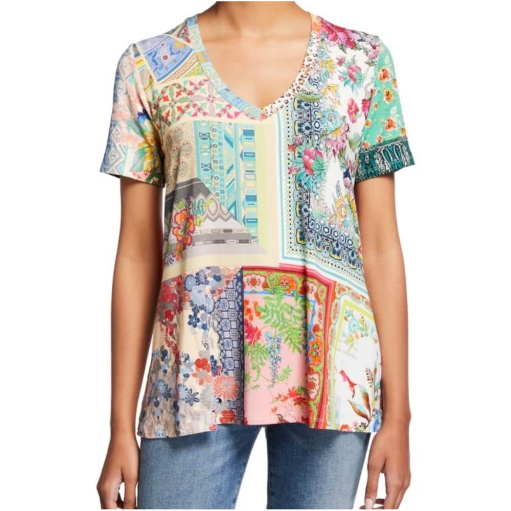 Johnny Was Patchwork Floral Annika V Neck Swing Short Sleeve Top - Small